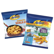 Aviko aardappelschijfjes, grip 'n dip, wavy blends, churros, lachebekjes of puree